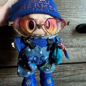 outfit for labubu blue overalls and accessories